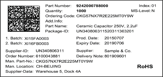 図1 Document 6448 – New Standard: Specification Equipment and Material Labels Sample part with automotive VDA 4992 standard, 2D matrix code and HI label
