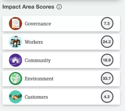 B Corp impact area scores
